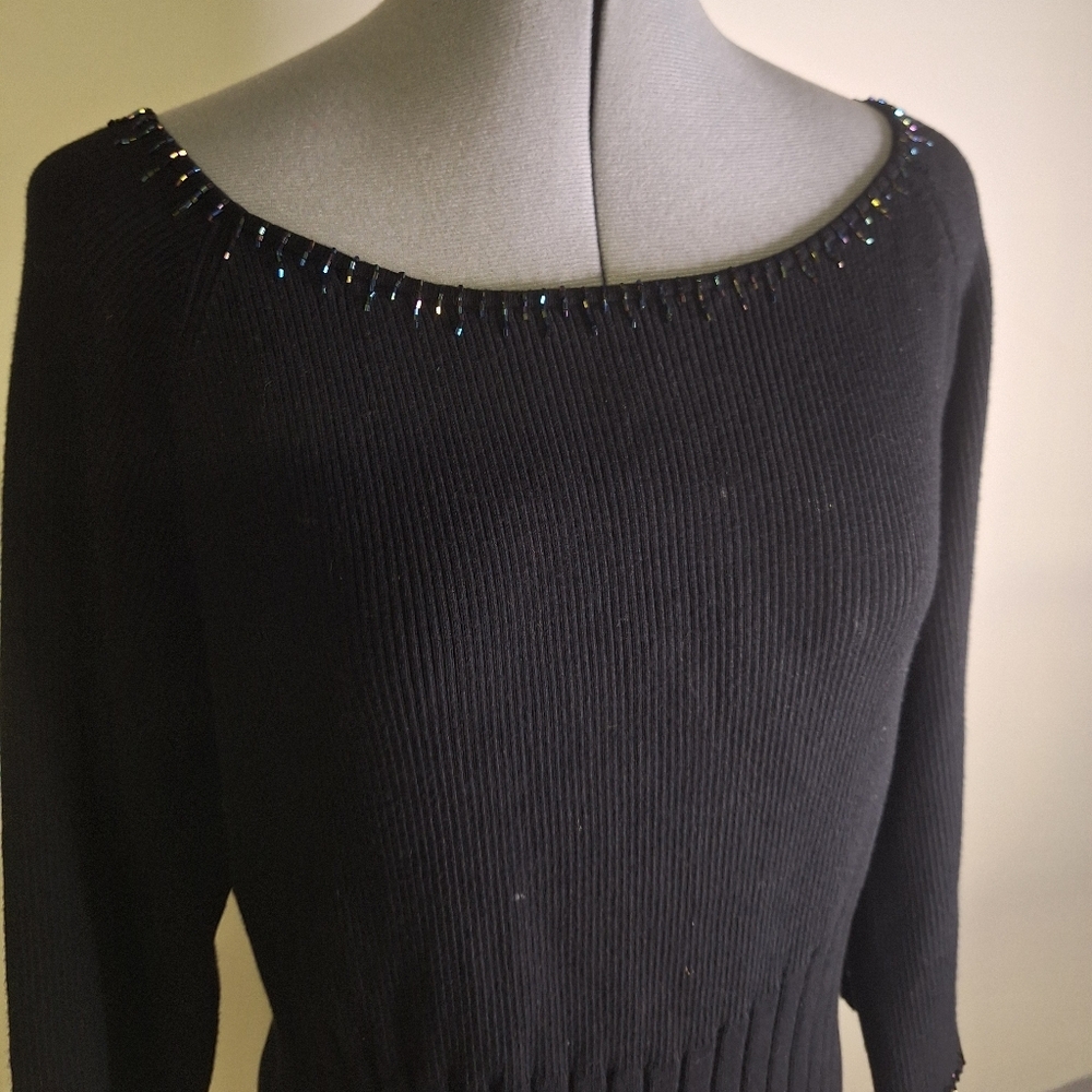 Capri Elegant Black Sweater with Beaded Neckline& Sleeves.       Size XL